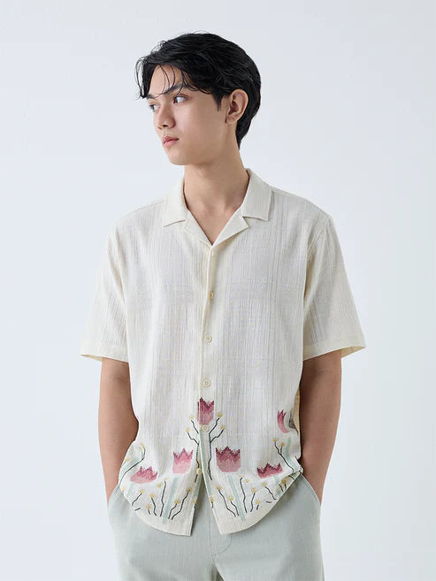 Casual Off White Men’s Shirt with Intricate Floral Embroidery and Comfortable Fit