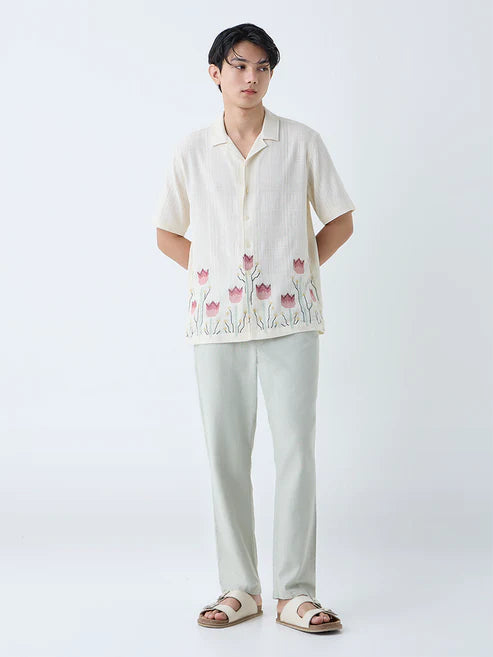 Casual Off White Men’s Shirt with Intricate Floral Embroidery and Comfortable Fit
