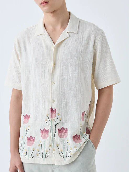 Casual Off White Men’s Shirt with Intricate Floral Embroidery and Comfortable Fit