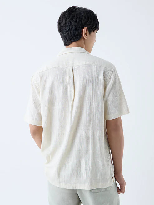 Casual Off White Men’s Shirt with Intricate Floral Embroidery and Comfortable Fit