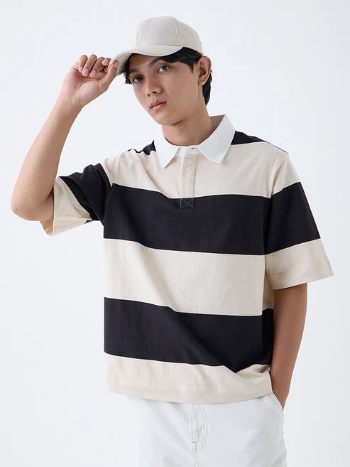 Casual Off White Striped Polo T Shirt Mens Relaxed Cotton