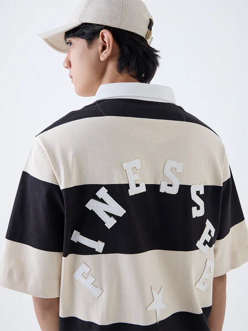 Casual Off White Striped Polo T Shirt Mens Relaxed Cotton