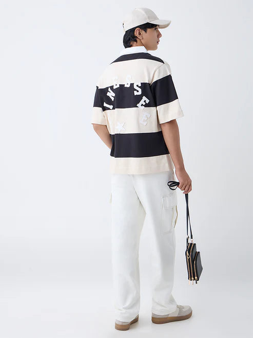Casual Off White Striped Polo T Shirt Mens Relaxed Cotton