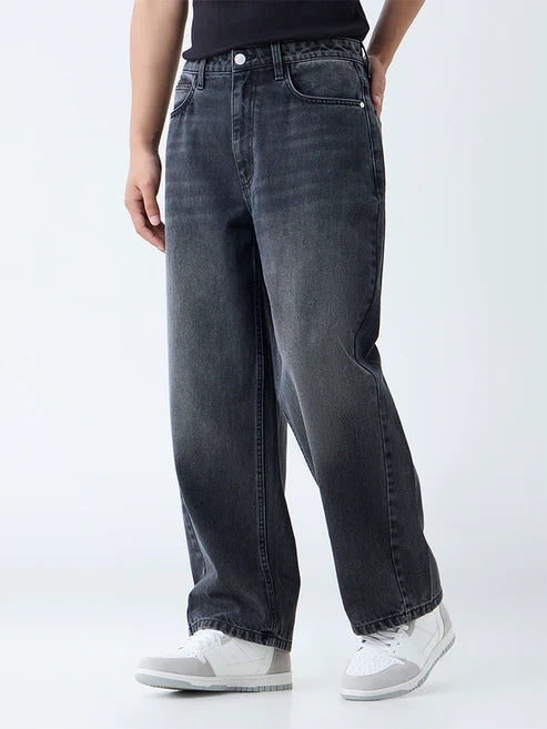 Trendy Charcoal Faded Relaxed Fit Mid Rise Jeans Soft Comfortable Fabric Ideal for College, Travel, and Weekend Looks