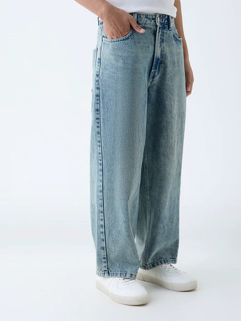 Stylish Mens Blue Faded Barrel Fit Jeans Relaxed Fit Everyday Wear