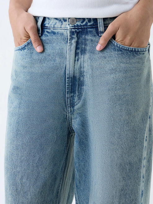 Stylish Mens Blue Faded Barrel Fit Jeans Relaxed Fit Everyday Wear
