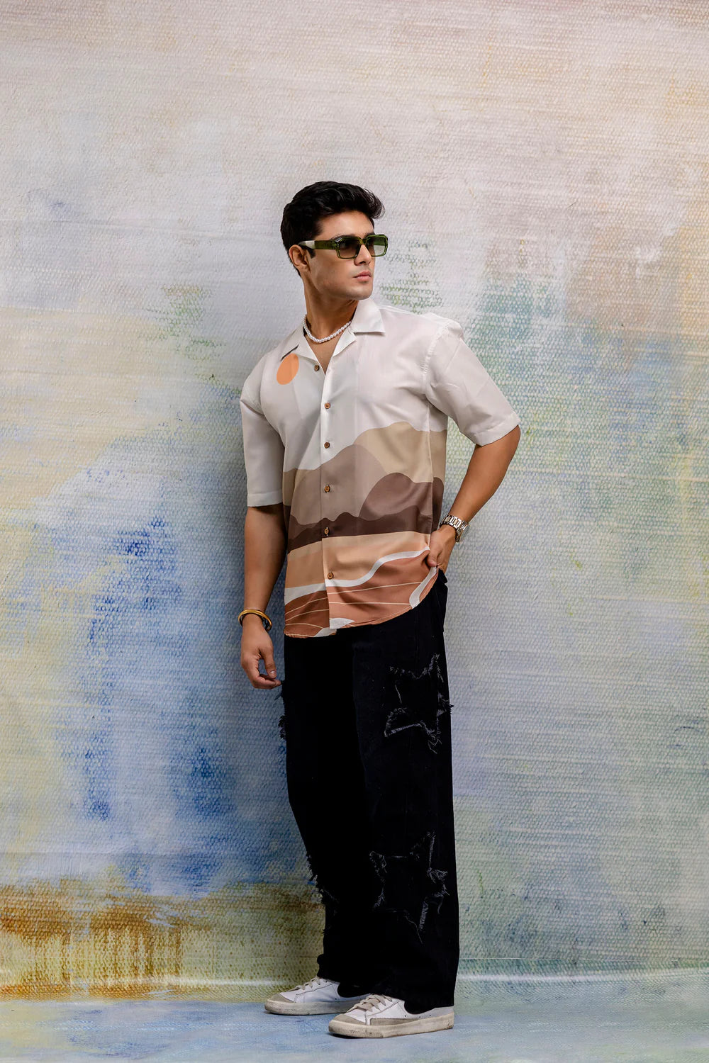Linen Oversize Shirt with Cuban Collar Stylish Fusion Print Perfect for Everyday Wear