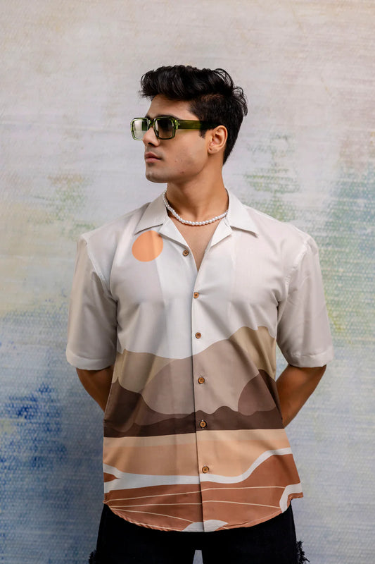 Linen Oversize Shirt with Cuban Collar Stylish Fusion Print Perfect for Everyday Wear
