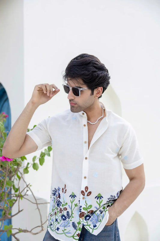 Off-White Hemp Cotton Summer Shirt with Blue Water Lily Floral Embroidery