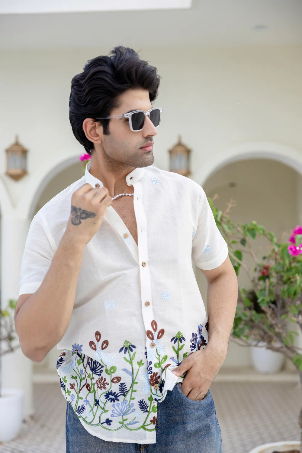 Off-White Hemp Cotton Summer Shirt with Blue Water Lily Floral Embroidery