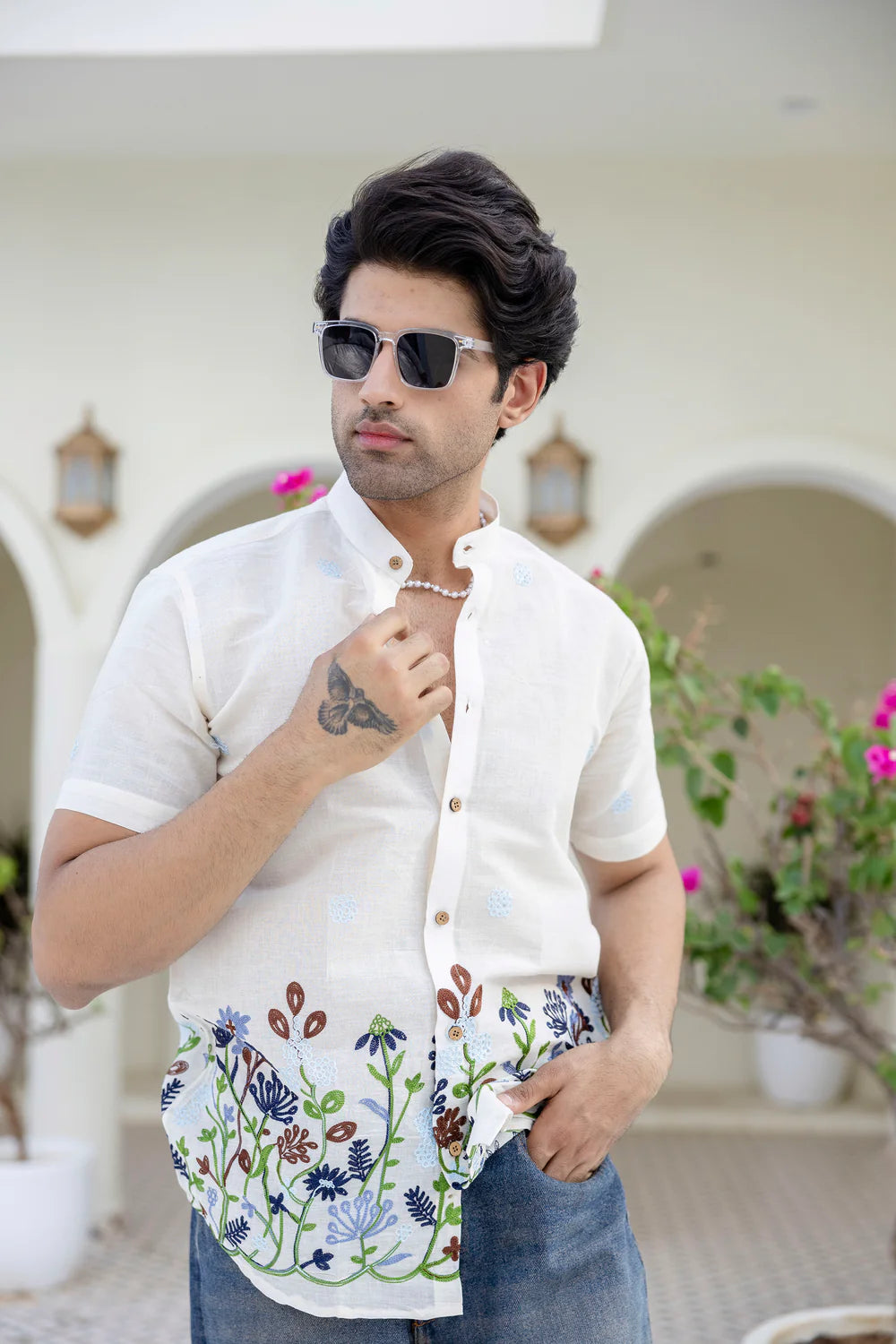 Off-White Hemp Cotton Summer Shirt with Blue Water Lily Floral Embroidery