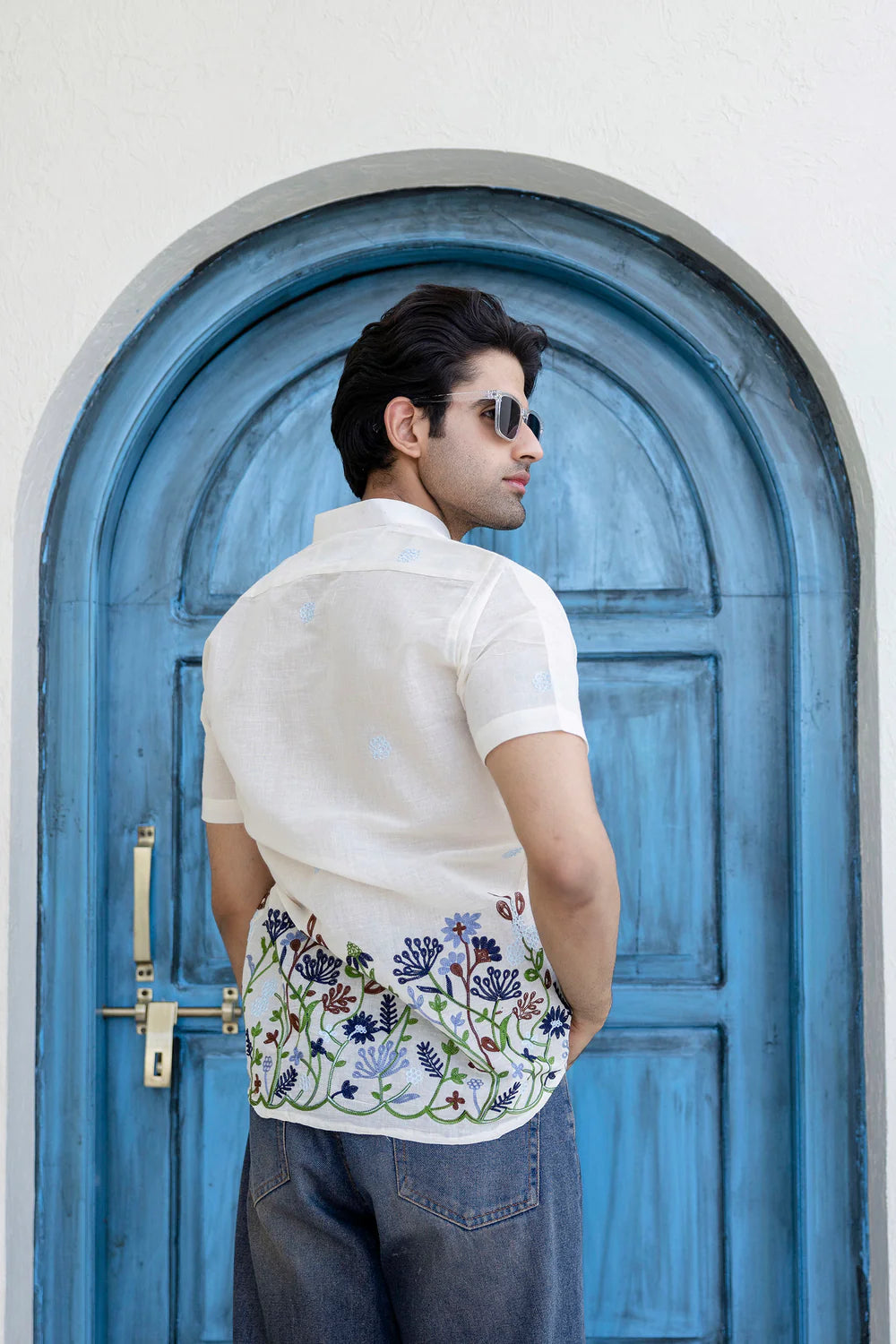 Off-White Hemp Cotton Summer Shirt with Blue Water Lily Floral Embroidery