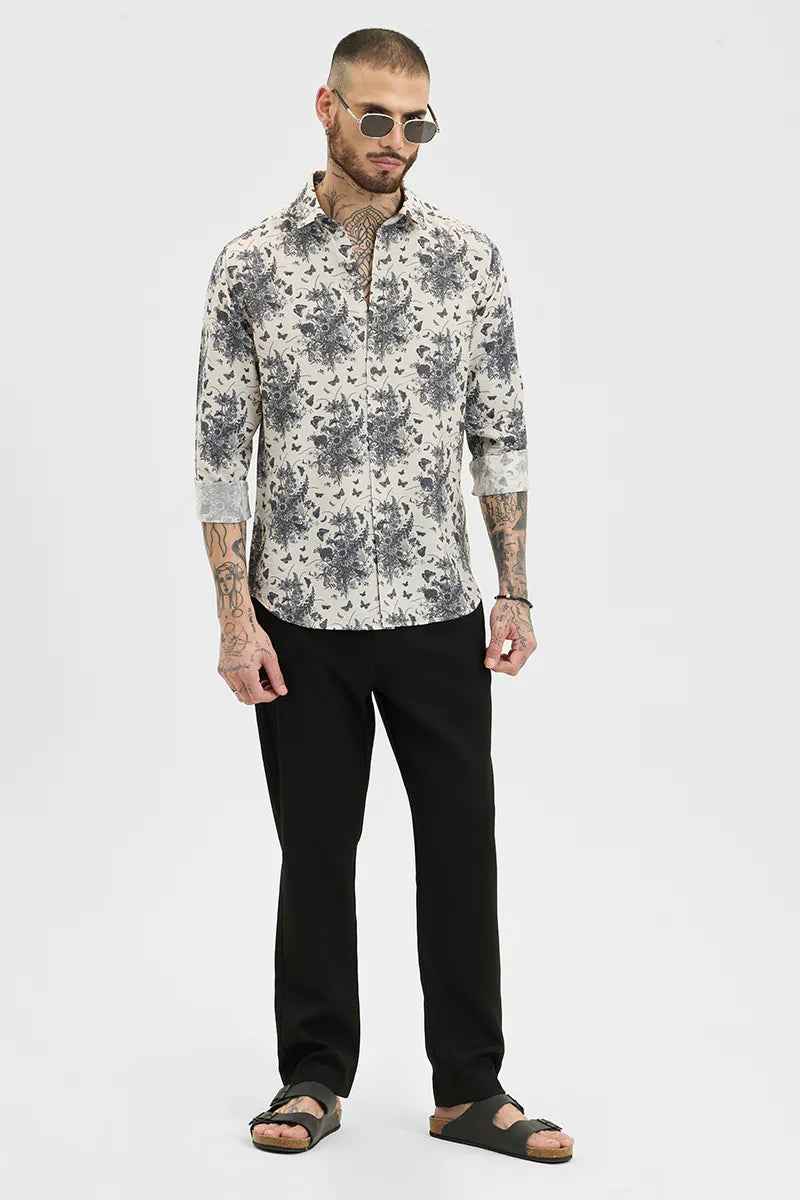 Elegant Slim Fit Cream Shirt with Subtle Printed Detailing Perfect for Everyday Wear