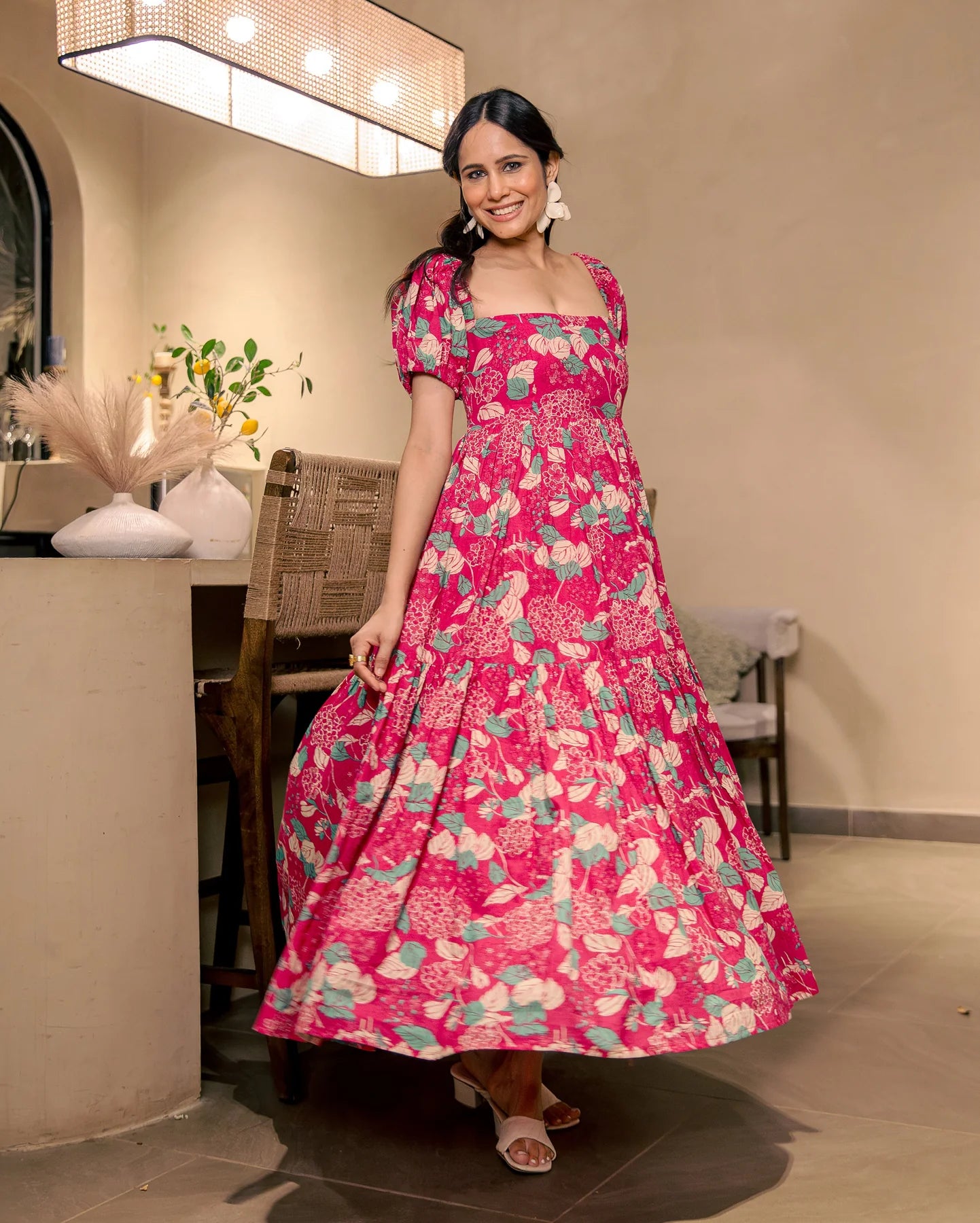 Rose Mist Pink Cotton Printed Dress for Women with Modern Western Style