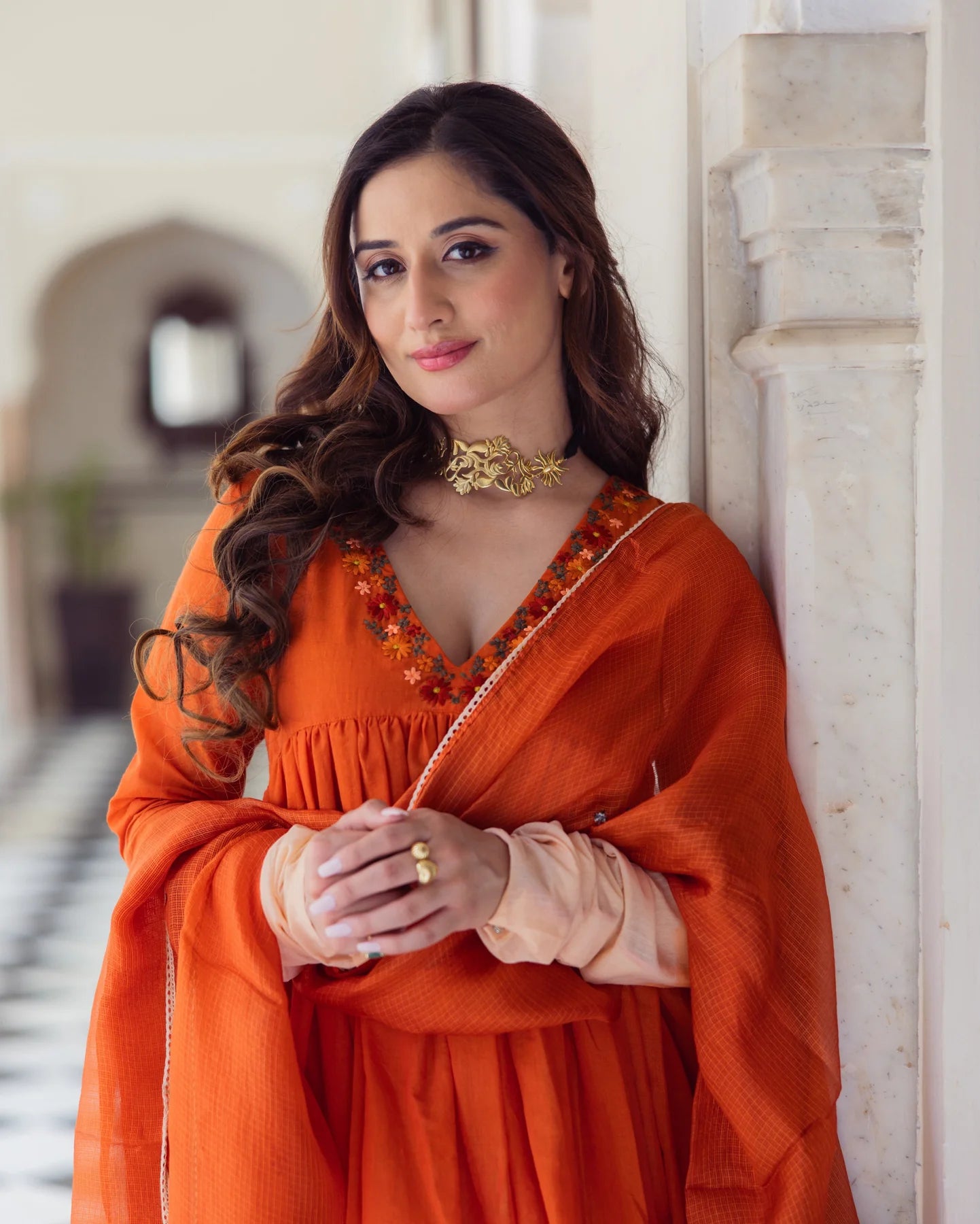 Women’s Drape Style Ombre Orange Chanderi Suit Set with Elegant Embroidered Finish