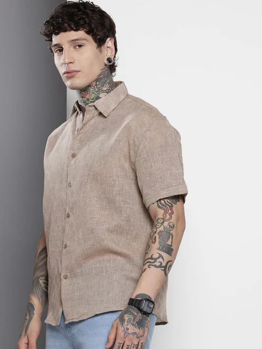 Men’s Brown Textured Shirt with Loose Relaxed Fit Perfect for Vacation and Daily Wear