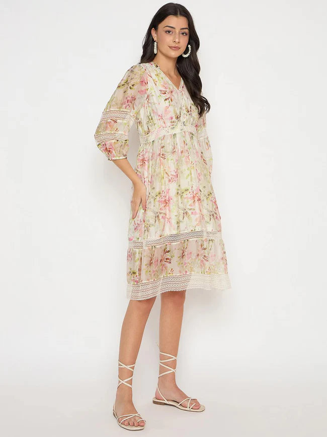 Trendy Women’s Off White Floral Print Laced Mini Dress Perfect for Casual and Formal Settings