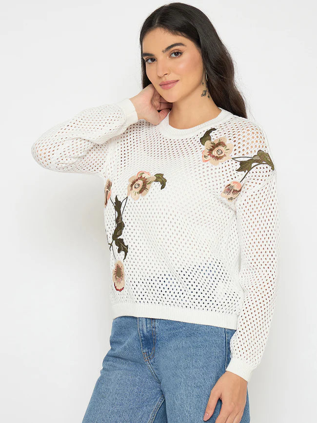 Fashionable Women’s Embroidered Semi Sheer Off White Knitted Top Comfortable Casual Loose Fit Top