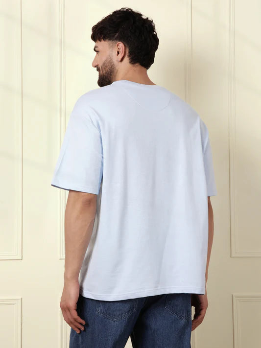Placement Print Blue T Shirt Heavy GSM Mens Relaxed Fit