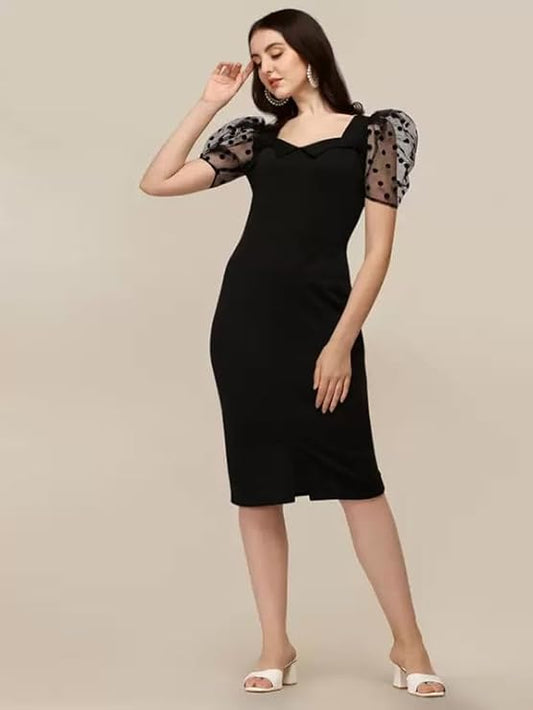 Trendy Women’s Black Lycra Knee Length Bodycon Dress One Piece Western Fit Ideal for Night Outs and Gatherings
