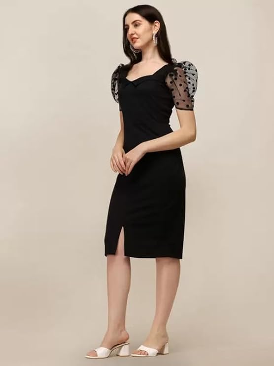Trendy Women’s Black Lycra Knee Length Bodycon Dress One Piece Western Fit Ideal for Night Outs and Gatherings