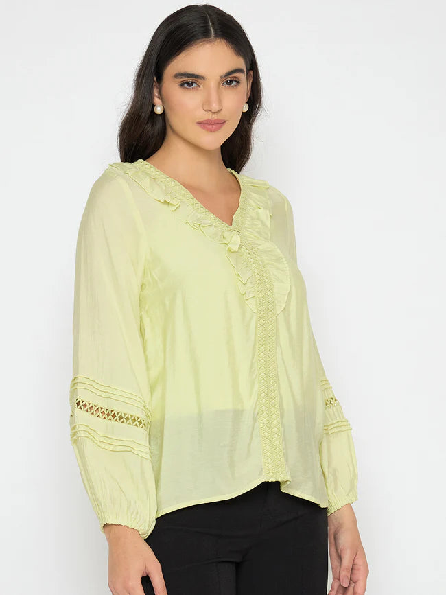Trendy Casual Women’s Frill Neck Cool Matcha Viscose Blend Top Loose Fit Summer Top