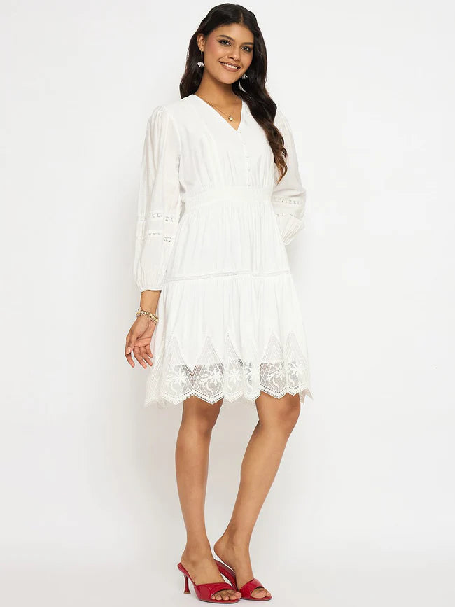 White Rayon Blend Dress with Lace Detailing Women’s Outfit Perfect for Office, Outings, and Special Events