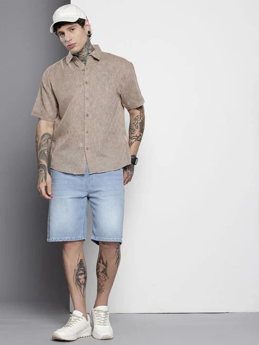 Men’s Brown Textured Shirt with Loose Relaxed Fit Perfect for Vacation and Daily Wear