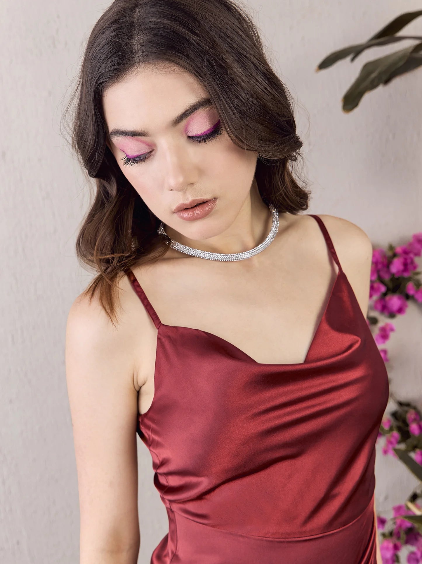 Premium Women Maroon Bodycon Mini Dress Solid Color Sleeveless Tulip Hem Pleated Design Cowl Neck with Zipper Up