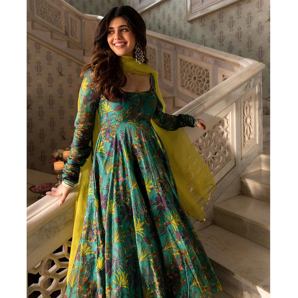 Rama Green Digital Printed Floral Anarkali Style Suit in Chanderi Fabric