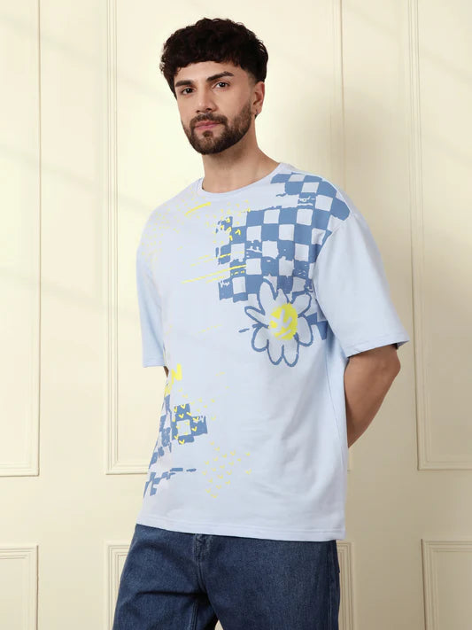 Placement Print Blue T Shirt Heavy GSM Mens Relaxed Fit