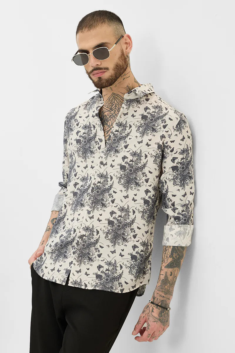 Elegant Slim Fit Cream Shirt with Subtle Printed Detailing Perfect for Everyday Wear