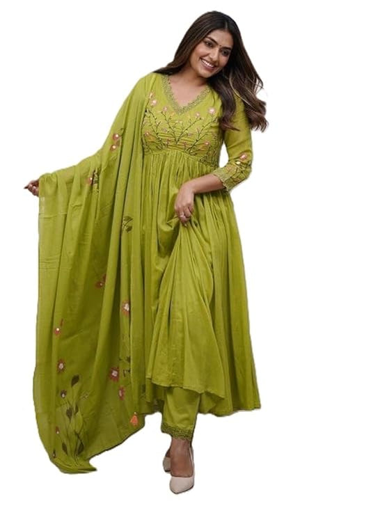 Women’s Cotton Embroidery Kurti Set with Matching Pants and Dupatta