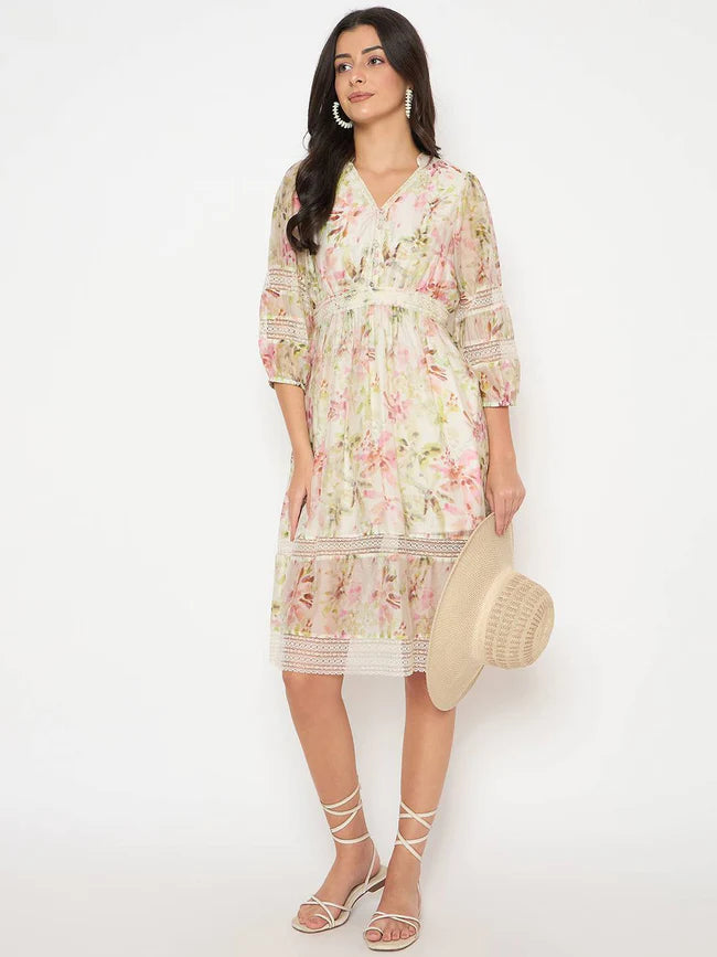 Trendy Women’s Off White Floral Print Laced Mini Dress Perfect for Casual and Formal Settings