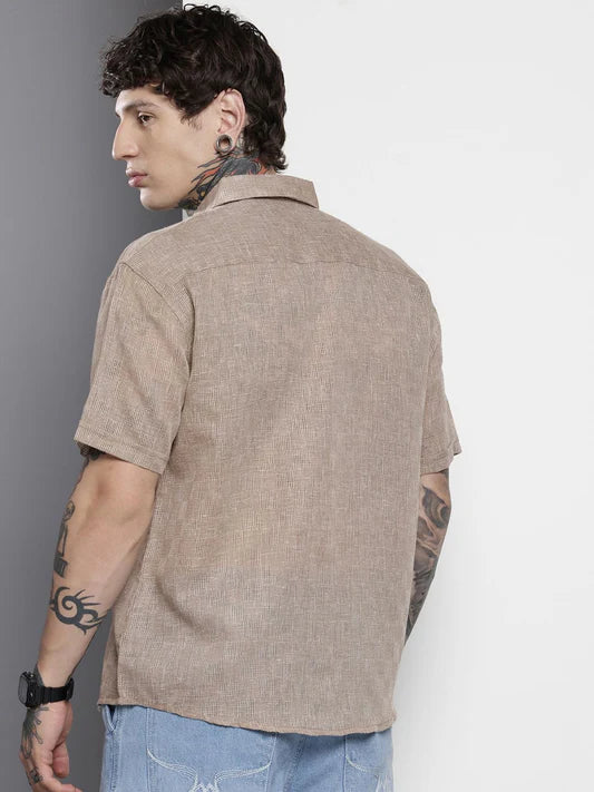 Men’s Brown Textured Shirt with Loose Relaxed Fit Perfect for Vacation and Daily Wear