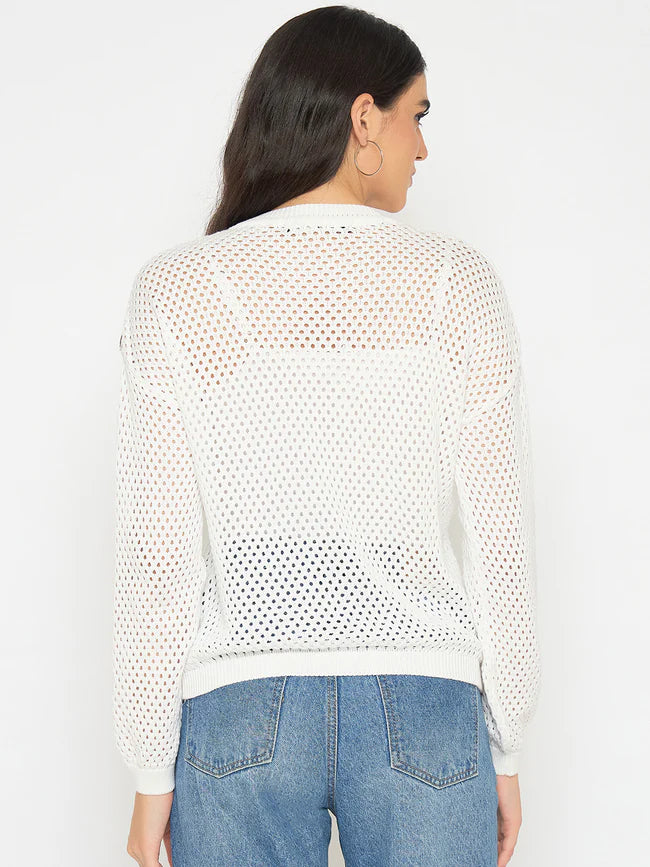 Fashionable Women’s Embroidered Semi Sheer Off White Knitted Top Comfortable Casual Loose Fit Top