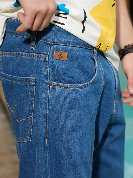 Blue Mens Cut & Sew Loose Fit Denim Jeans Cotton Blend