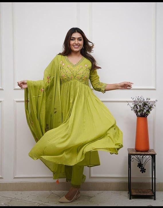 Women’s Cotton Embroidery Kurti Set with Matching Pants and Dupatta