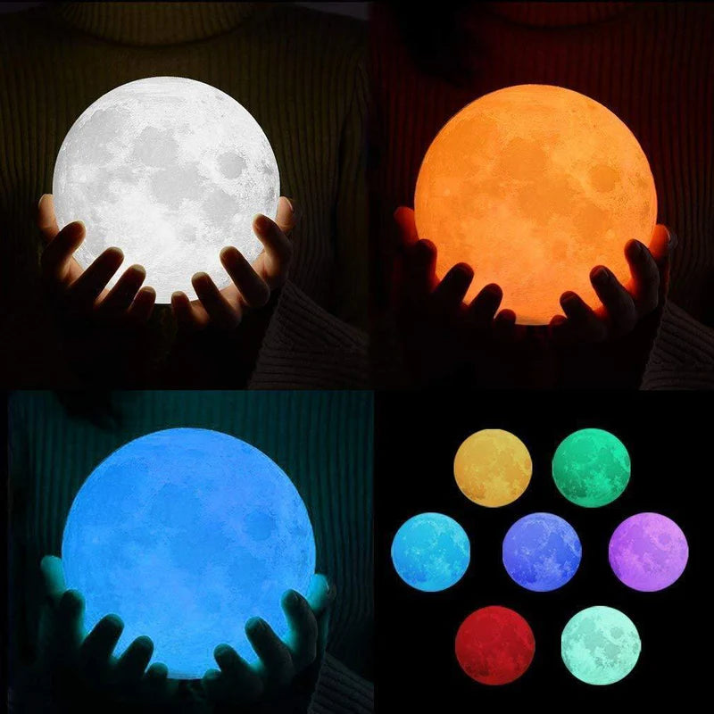 Bedroom Moon Lamp with 7 Color Touch Control Wooden Stand and Rechargeable Design