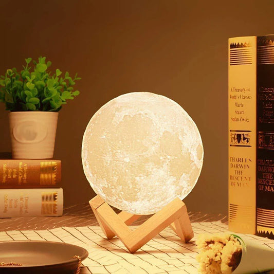 Bedroom Moon Lamp with 7 Color Touch Control Wooden Stand and Rechargeable Design