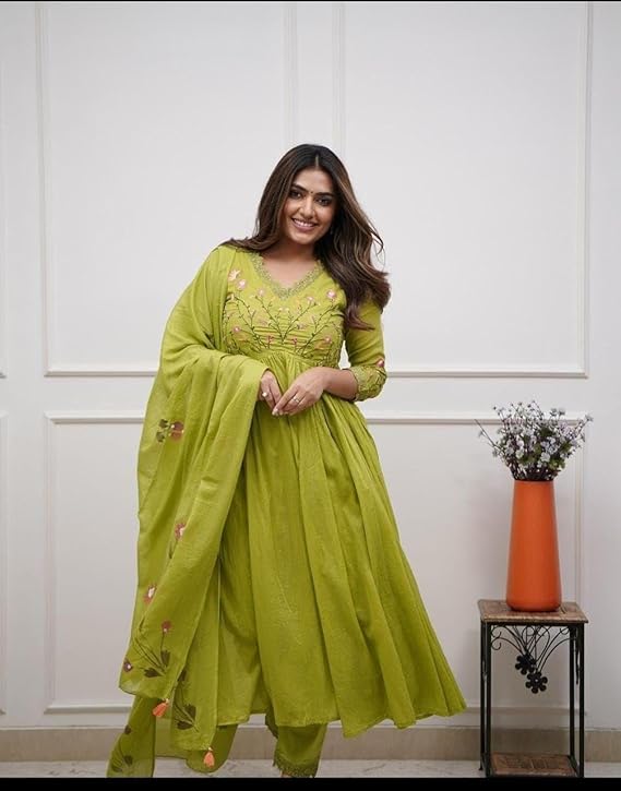 Women’s Cotton Embroidery Kurti Set with Matching Pants and Dupatta