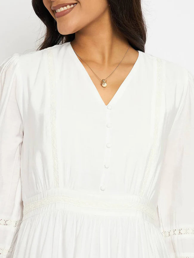 White Rayon Blend Dress with Lace Detailing Women’s Outfit Perfect for Office, Outings, and Special Events