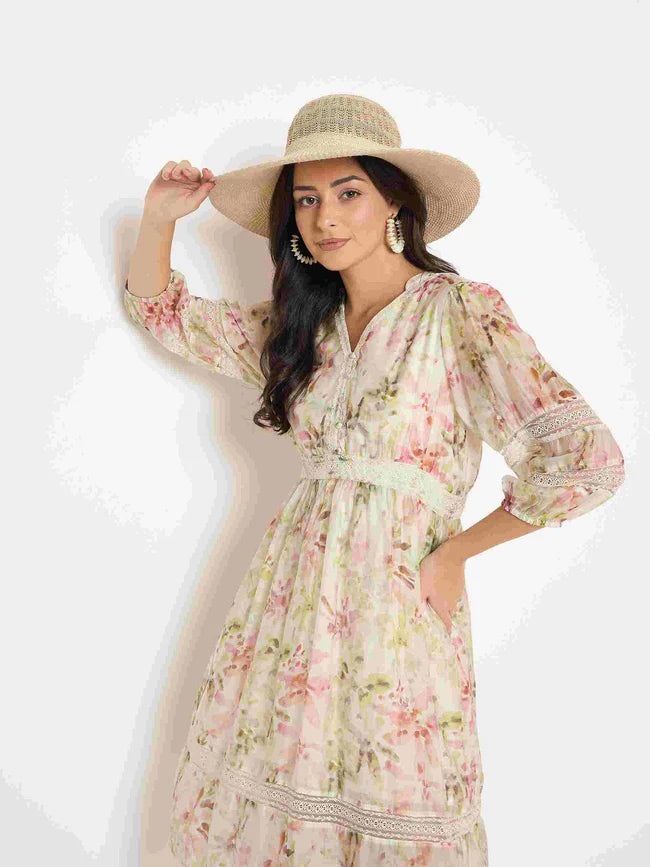 Trendy Women’s Off White Floral Print Laced Mini Dress Perfect for Casual and Formal Settings