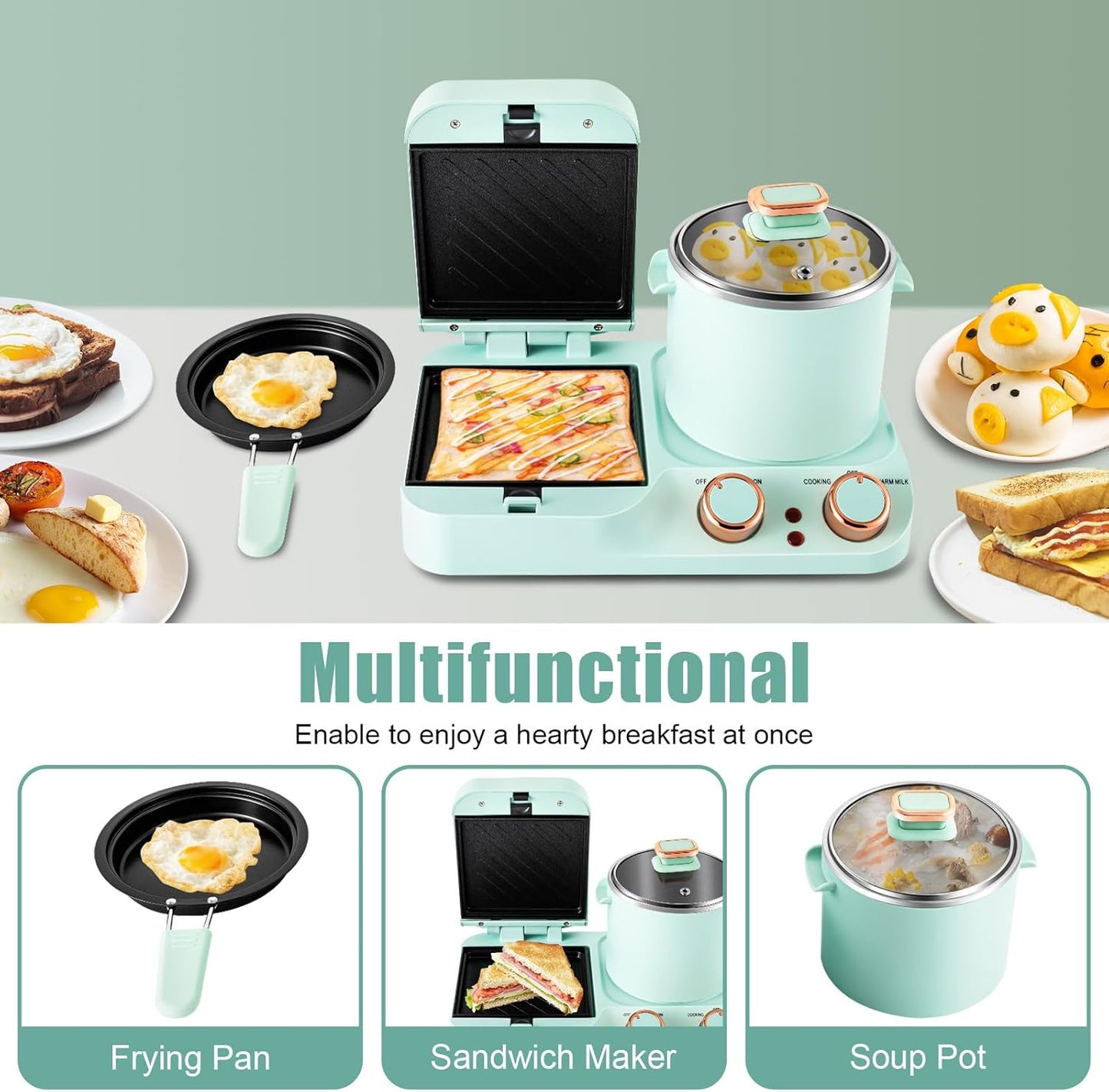 Stylish Retro Breakfast Maker 3 in 1 Multi-Function Cooker with Egg and Sandwich