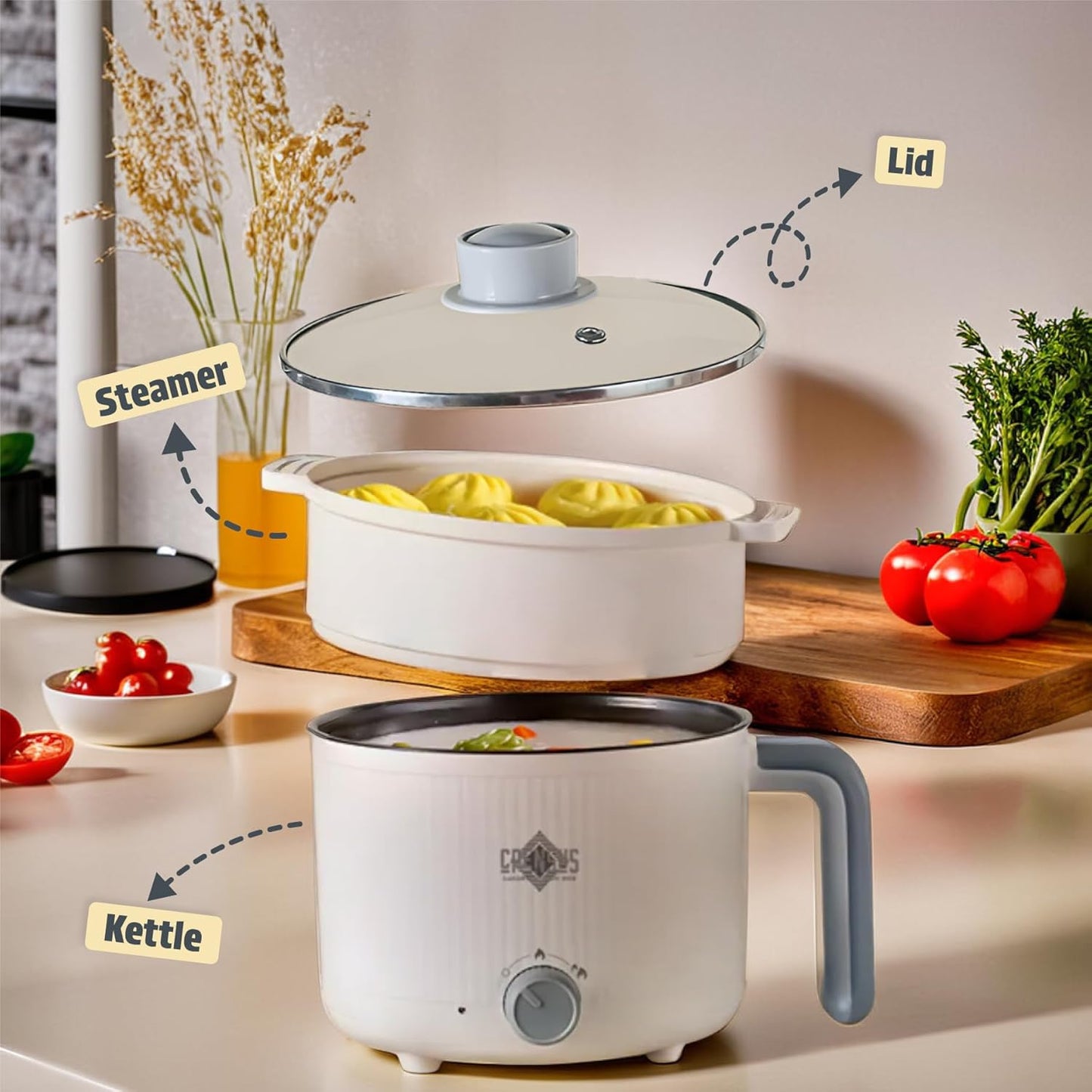 Portable Electric Kettle with Steamer Multipurpose Non Stick Hotpot for Home Cooking
