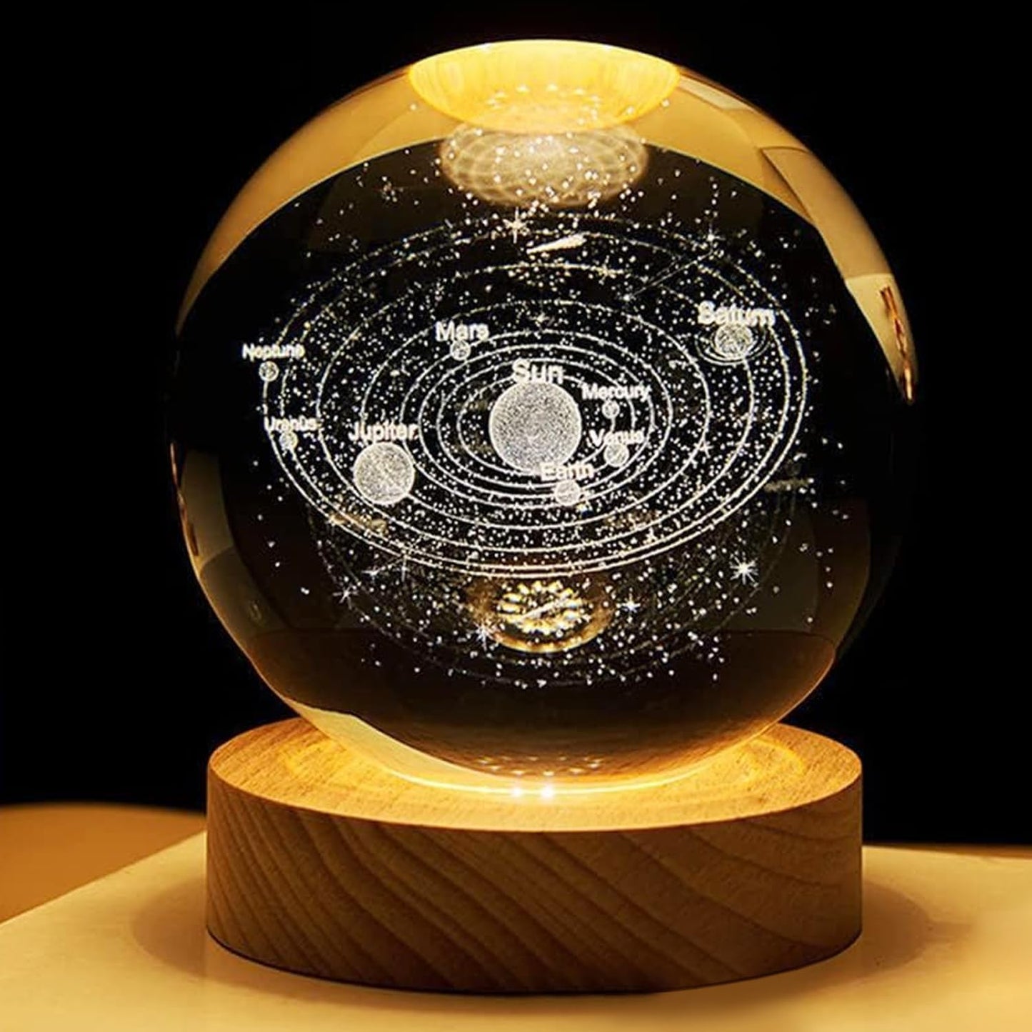 3D Glass Crystal Ball LED Night Lamp with Wooden Stand for Bedroom and Living Room