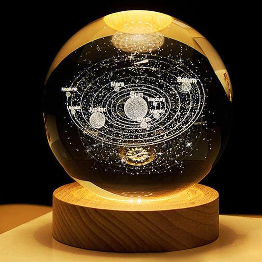 3D Glass Crystal Ball LED Night Lamp with Wooden Stand for Bedroom and Living Room