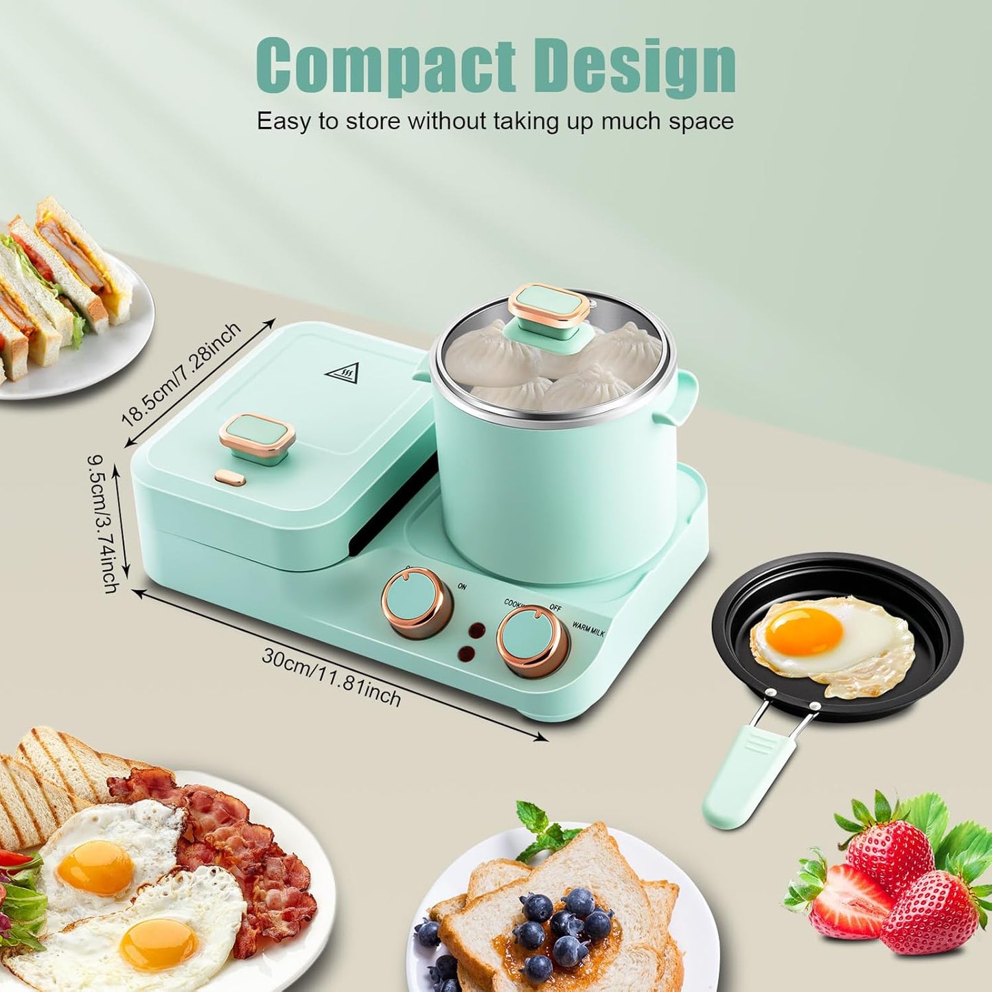 Stylish Retro Breakfast Maker 3 in 1 Multi-Function Cooker with Egg and Sandwich
