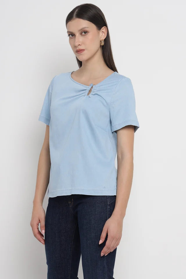 Chic Light Denim Metallic Blouse for Everyday Wear