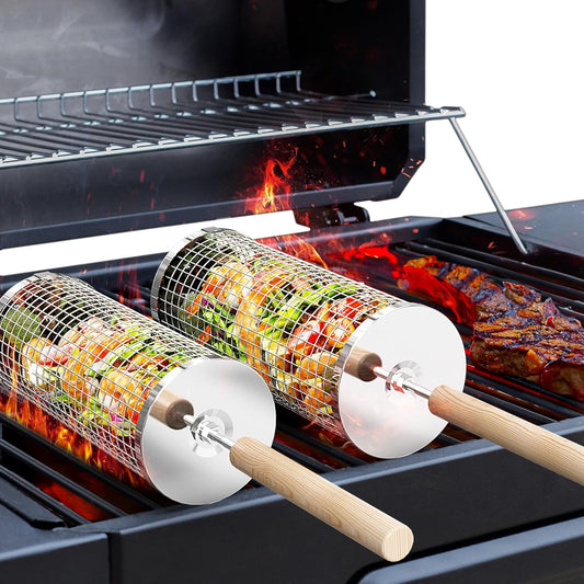 Stainless Steel BBQ Basket with Wooden Handle Portable Rolling Grill for Vegetables